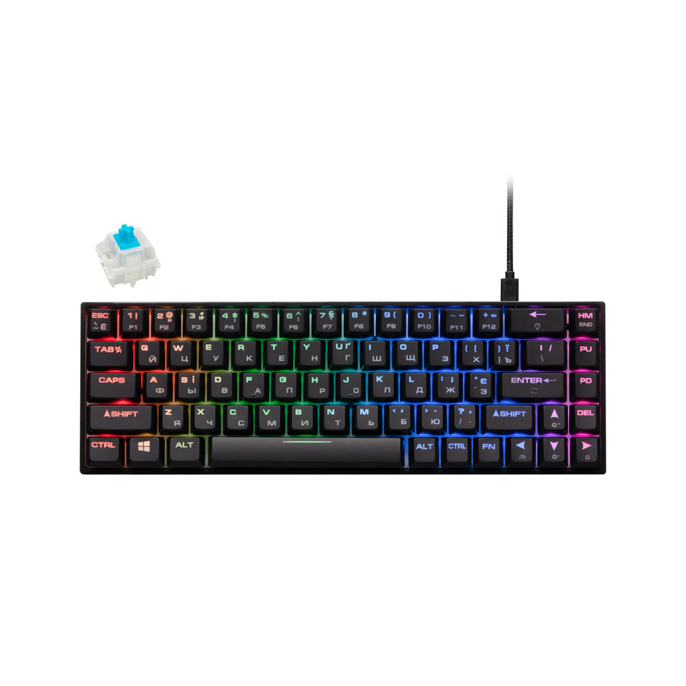 Клавиатура игровая 2E Gaming KG370 RGB, 68key, Gateron Blue Switch, USB, Black, Ukr