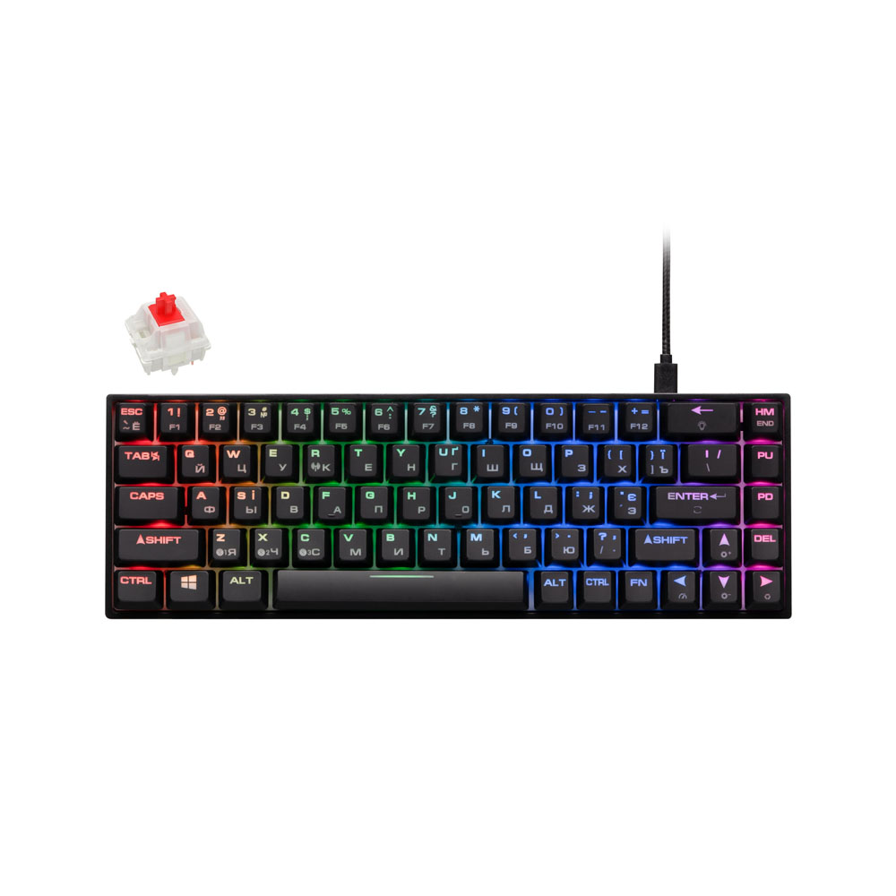 Клавиатура игровая 2E Gaming KG380 RGB, 68key, Gateron Red Switch, BT/USB, Black, Ukr