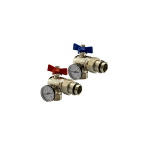 Кран шаровый угловой CLIMADENS 1" с термометром для коллектора (в комп, подача и обратка) Кран шаровый угловой CLIMADENS 1" с термометром для коллектора (в комп, подача и обратка)