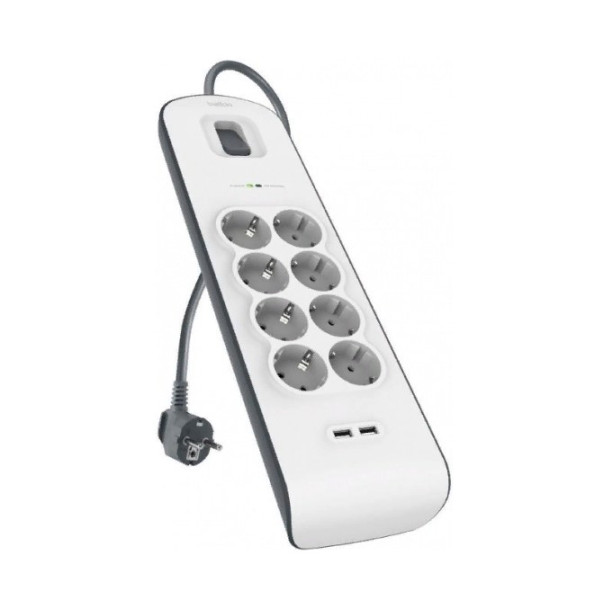 Сетевой фильтр Belkin 8хSchuko, 2xUSB 2.4A, 900 Дж, 2m, white