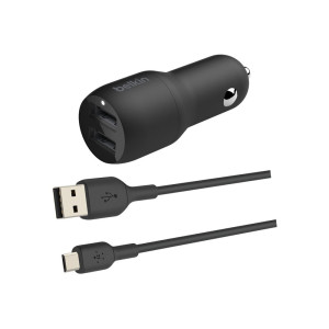 Зарядка от прикуривателя Belkin 24W Dual USB-A, USB-A - MicroUSB, 1m, черный
