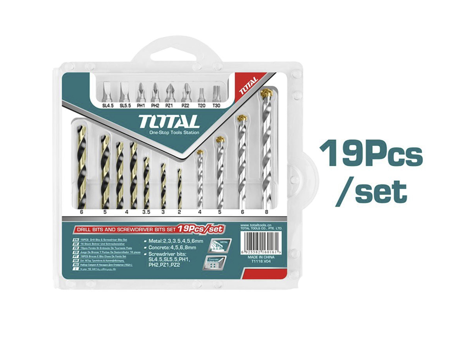 Набор сверл и битов спиральные 19шт. TOTAL TACSDB1901