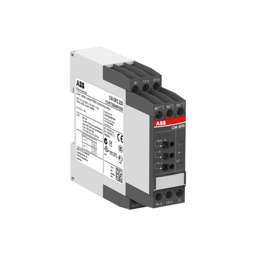 Реле контроля тока ABB CM-SRS.22S 1Ф (0,3-1,5А, 1-5A, 3-15A) 240В AC, 2ПК, винт.клеммы